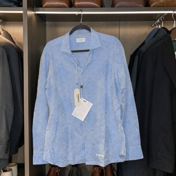 Tintoria Mattei 954 Shirt Men Coton Textured Blue Shirt Size 44/17.5 Nwt